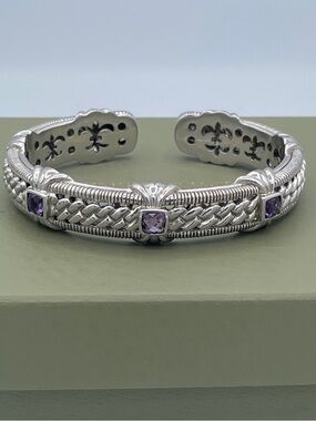Judith Ripka 925 Sterling Silver Amethyst Cuff Bracelet Thailand Heavy 45g - 7”